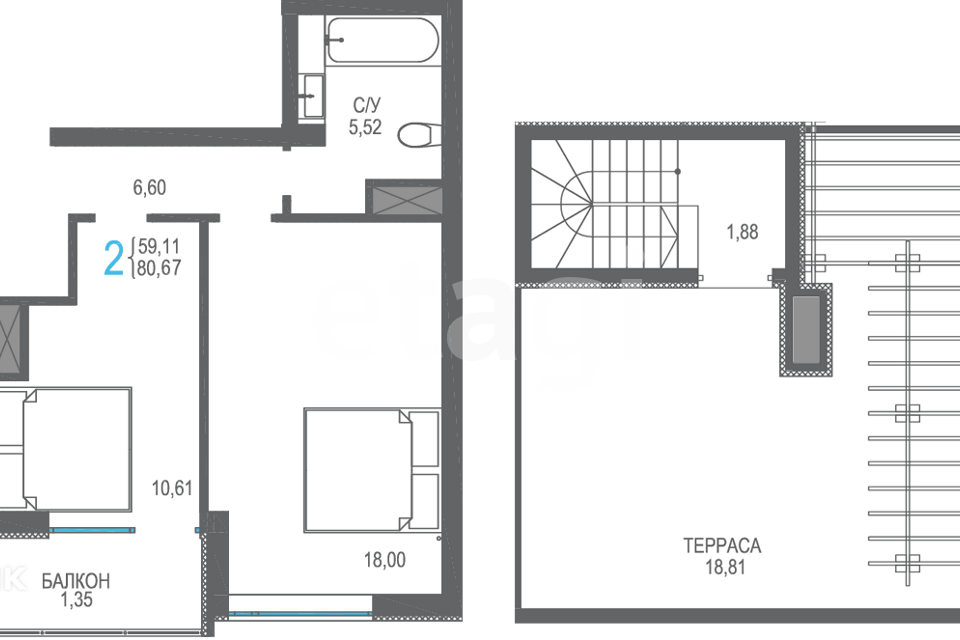 Продаётся 2-комнатная квартира, 80.67 м²