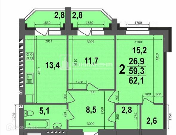 Продаётся 2-комнатная квартира, 62.1 м²