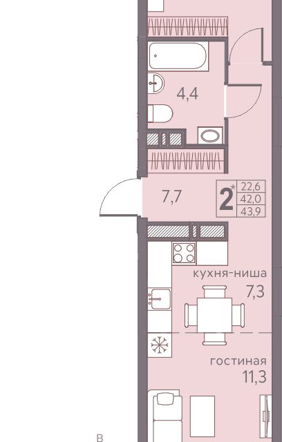 Продаётся 2-комнатная квартира, 43.9 м²