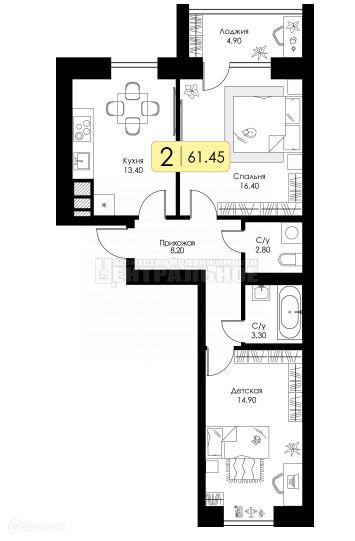 Продаётся 2-комнатная квартира, 61.45 м²