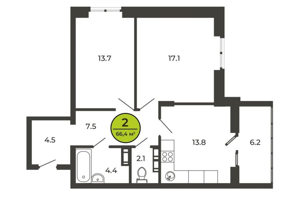 Продаётся 2-комнатная квартира, 66.48 м²