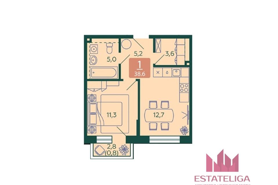 Продаётся 1-комнатная квартира, 38.6 м²