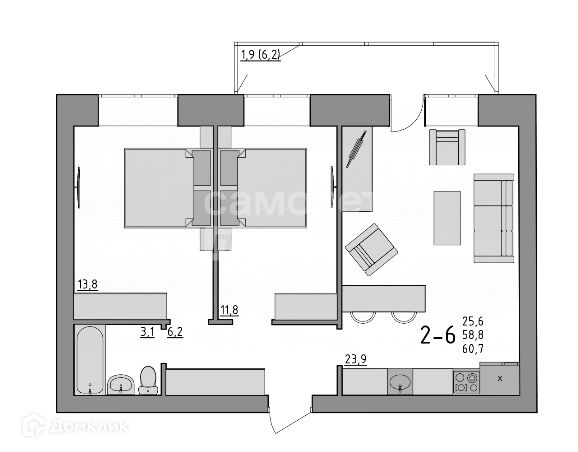 Продаётся 2-комнатная квартира, 60.7 м²