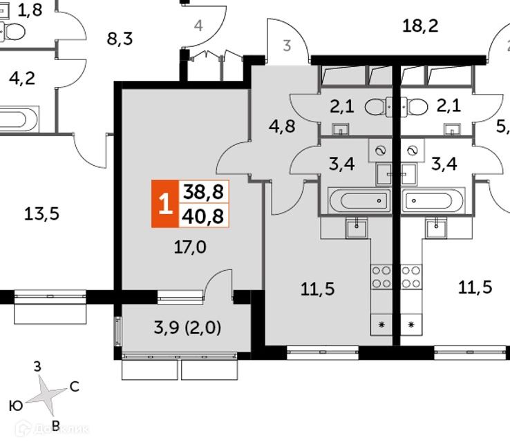 Продаётся 1-комнатная квартира, 40.8 м²