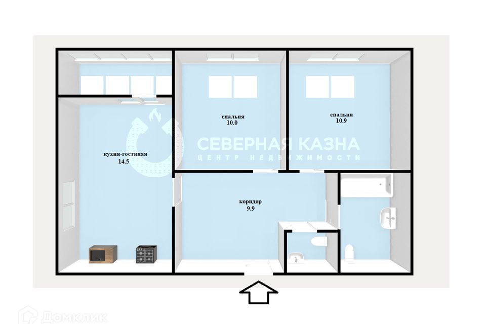 Продаётся 2-комнатная квартира, 55.3 м²