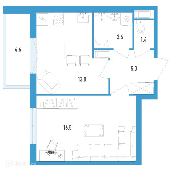 Продаётся 1-комнатная квартира, 41.8 м²