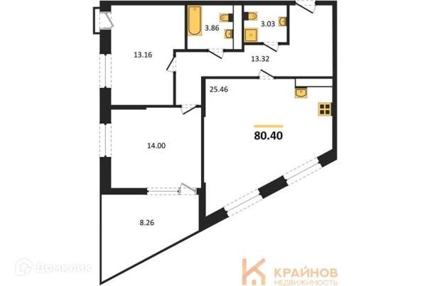 Продаётся 2-комнатная квартира, 76.96 м²