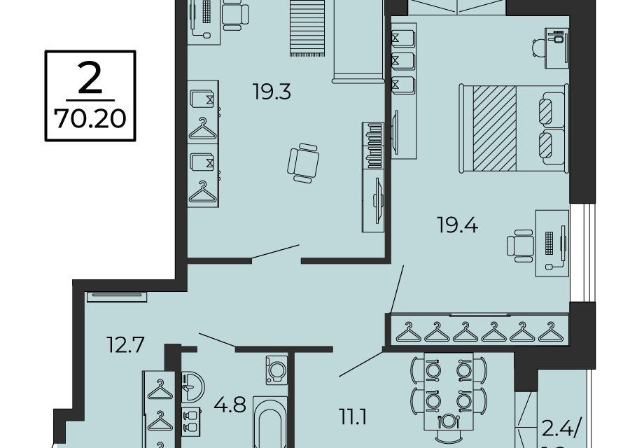Продаётся 2-комнатная квартира, 70.65 м²