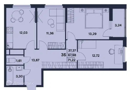 Продаётся 3-комнатная квартира, 71.22 м²