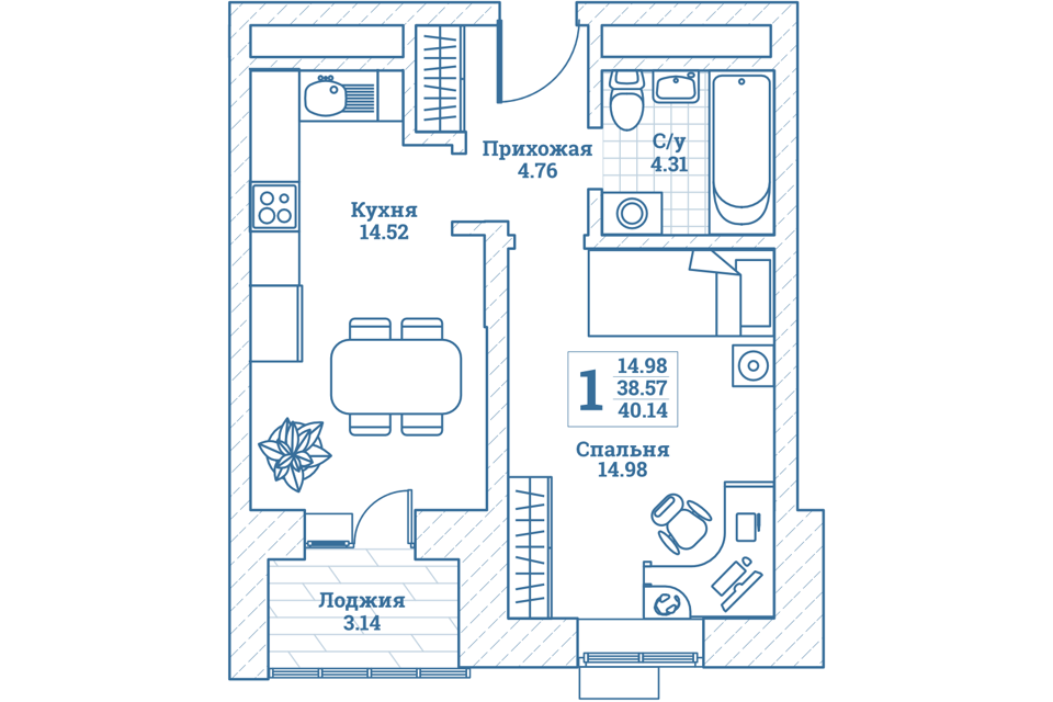 Продаётся 1-комнатная квартира, 40.6 м²