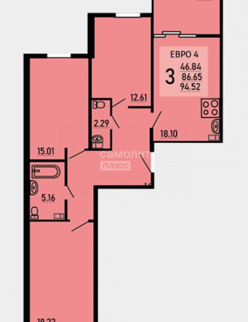 Продаётся 3-комнатная квартира, 86.65 м²