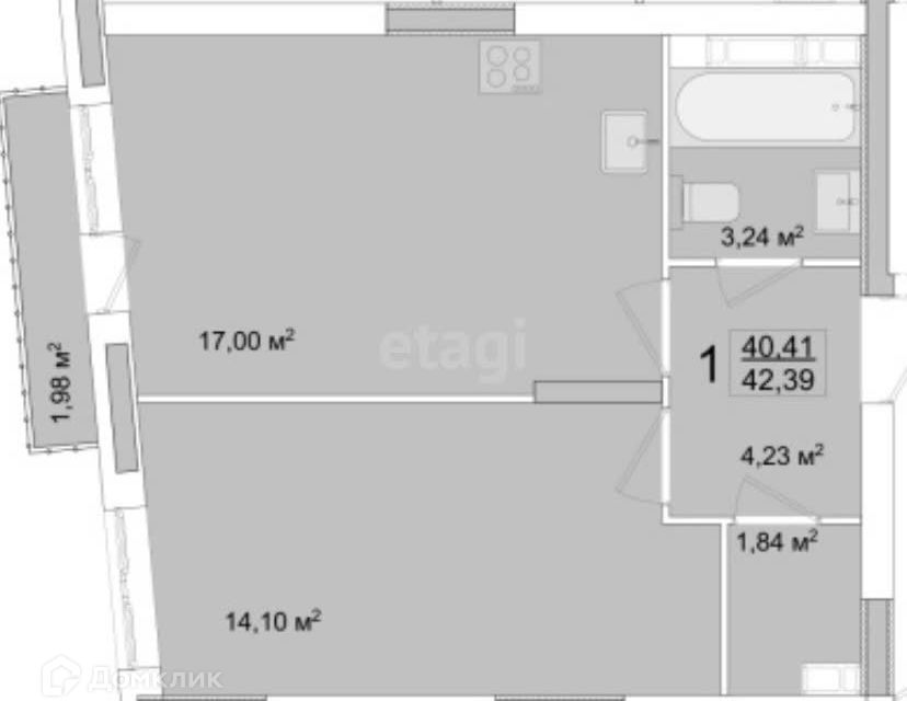 Продаётся 1-комнатная квартира, 40.3 м²