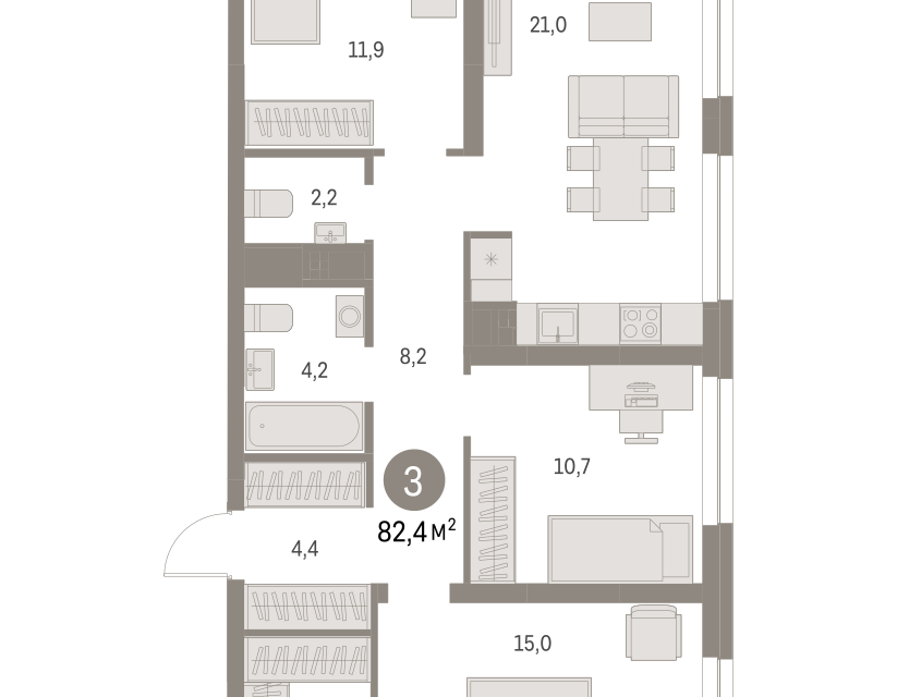 Продаётся 3-комнатная квартира, 82.41 м²