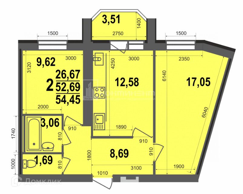 Продаётся 2-комнатная квартира, 54.58 м²