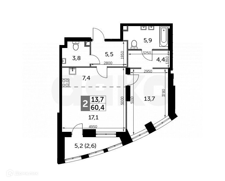 Продаётся 2-комнатная квартира, 60.4 м²