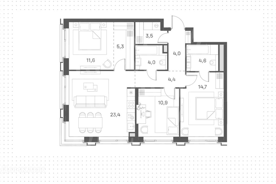 Продаётся 3-комнатная квартира, 86.4 м²