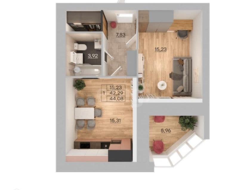 Продаётся 1-комнатная квартира, 44.08 м²