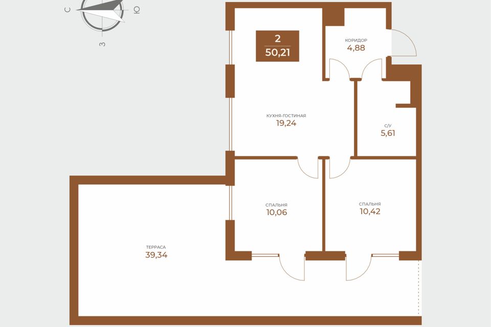 Продаётся 2-комнатная квартира, 50.21 м²