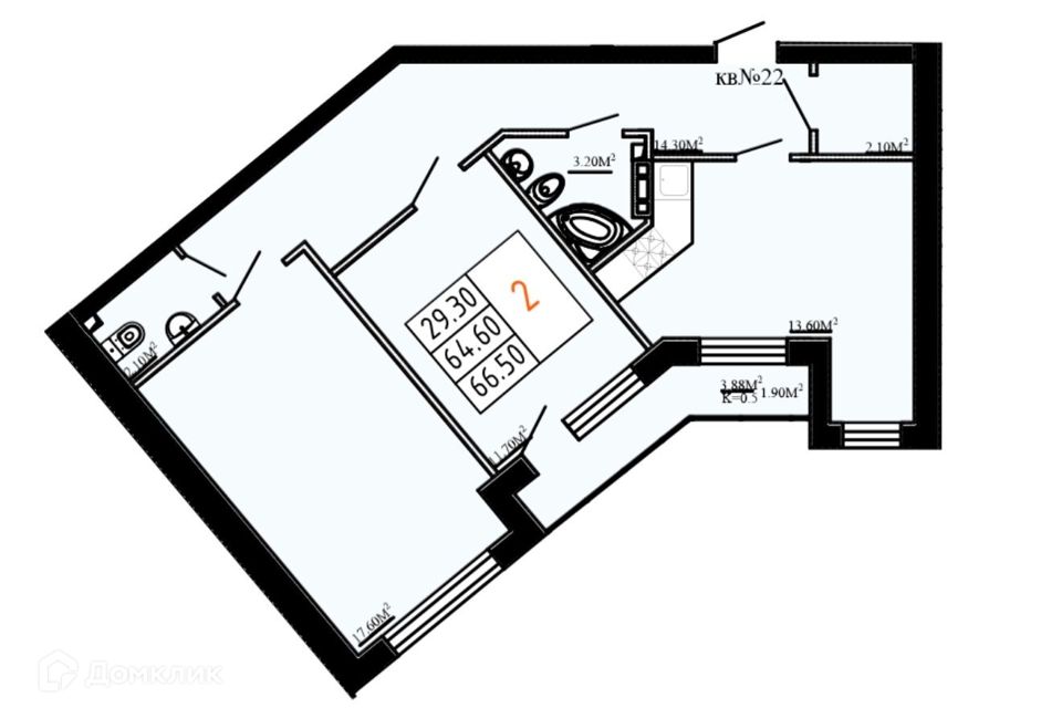 Продаётся 2-комнатная квартира, 66.5 м²