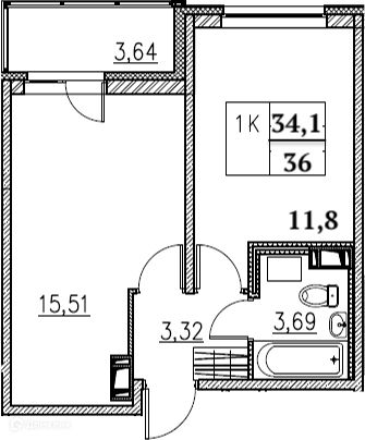 Продаётся 1-комнатная квартира, 34.1 м²