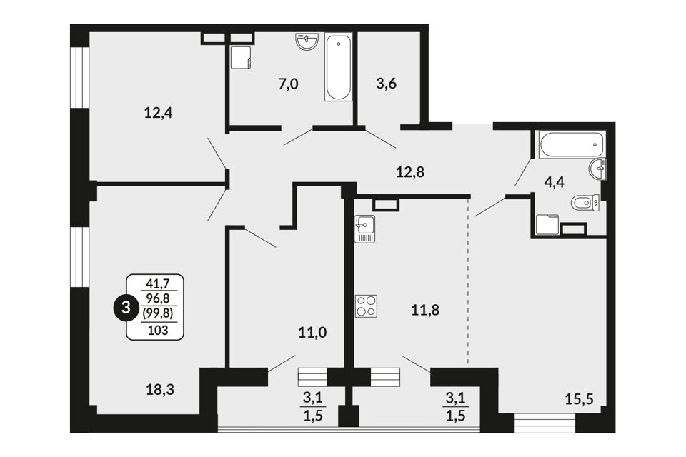 Продаётся 3-комнатная квартира, 99.8 м²