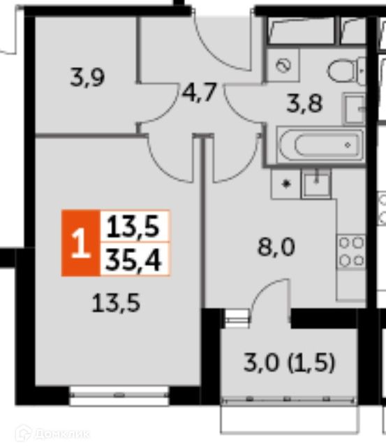 Продаётся 1-комнатная квартира, 35.4 м²