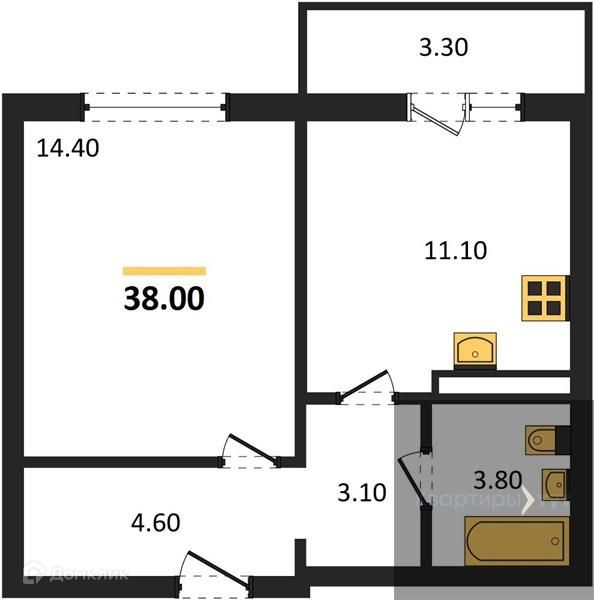 Продаётся 1-комнатная квартира, 38 м²