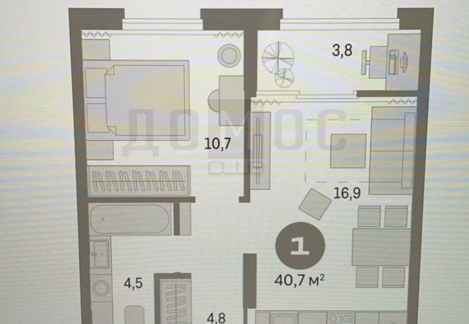 Продаётся 1-комнатная квартира, 40.7 м²