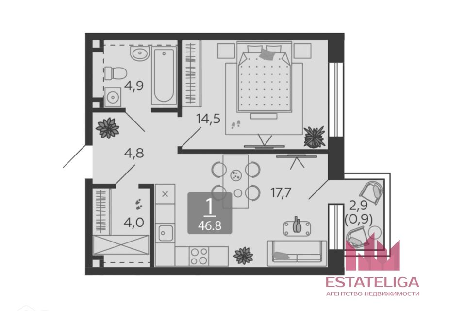 Продаётся 1-комнатная квартира, 45.9 м²