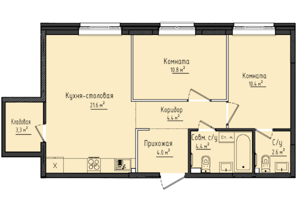 Продаётся 2-комнатная квартира, 61.5 м²