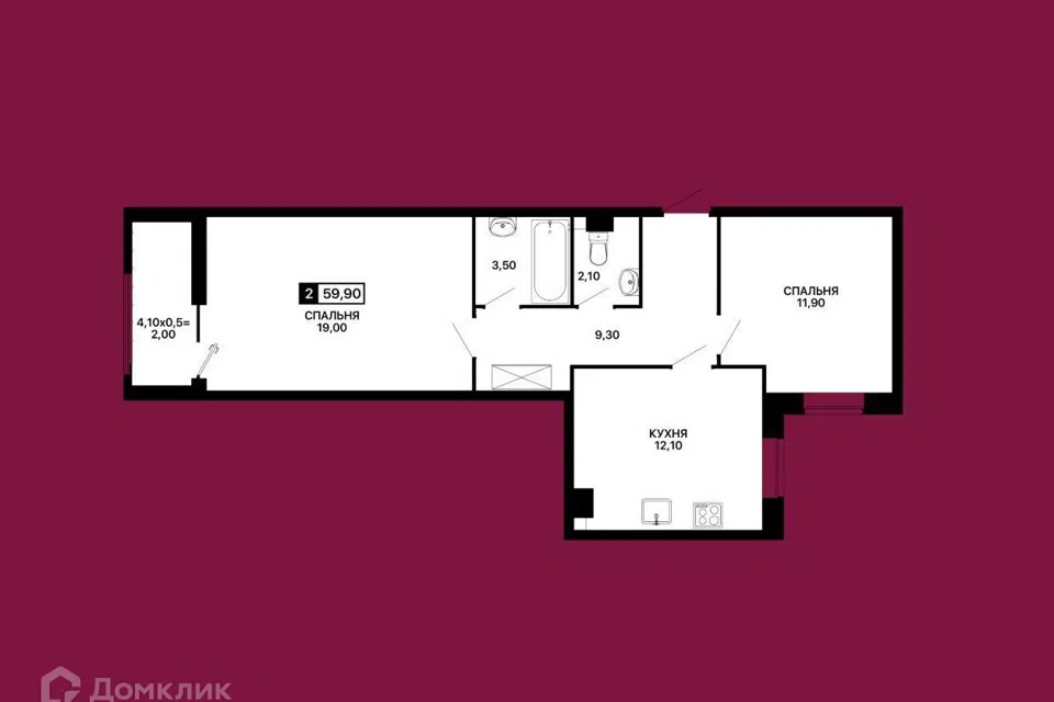 Продаётся 2-комнатная квартира, 59.9 м²
