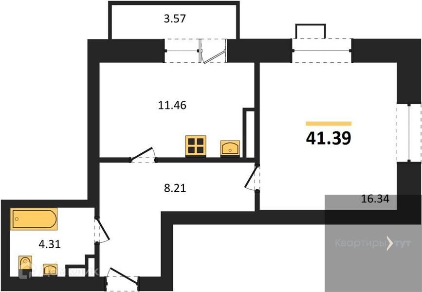 Продаётся 1-комнатная квартира, 41.39 м²