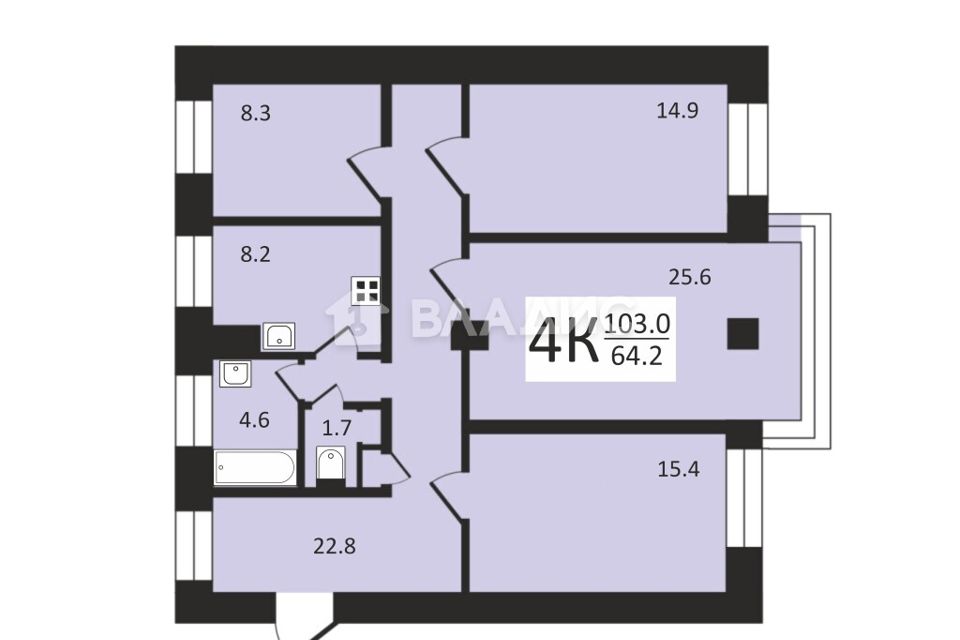 Продаётся 4-комнатная квартира, 102.9 м²