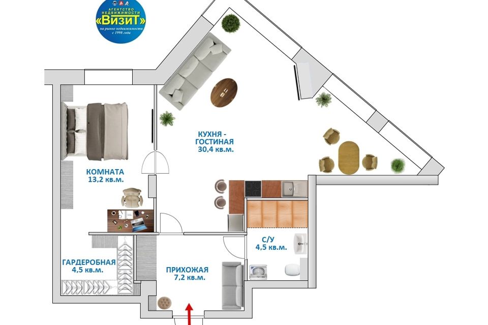 Продаётся 1-комнатная квартира, 60 м²