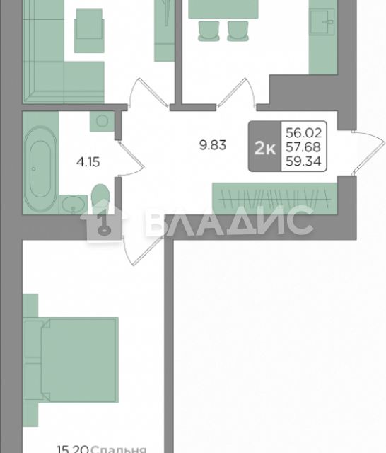 Продаётся 2-комнатная квартира, 57.68 м²
