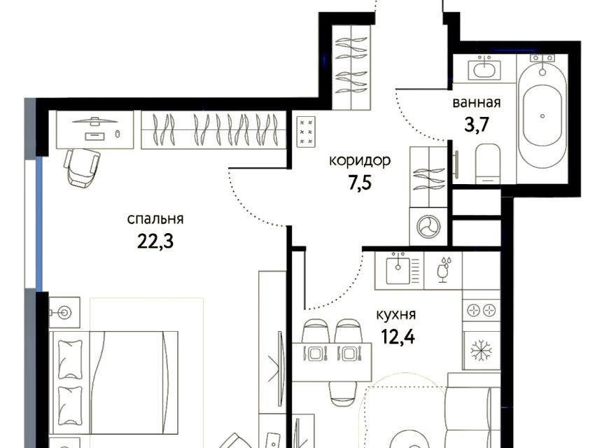 Продаётся 1-комнатная квартира, 45.9 м²