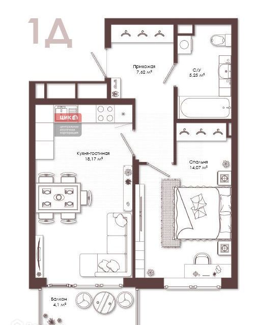 Продаётся 1-комнатная квартира, 46.34 м²