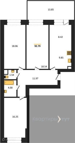Продаётся 3-комнатная квартира, 92.79 м²