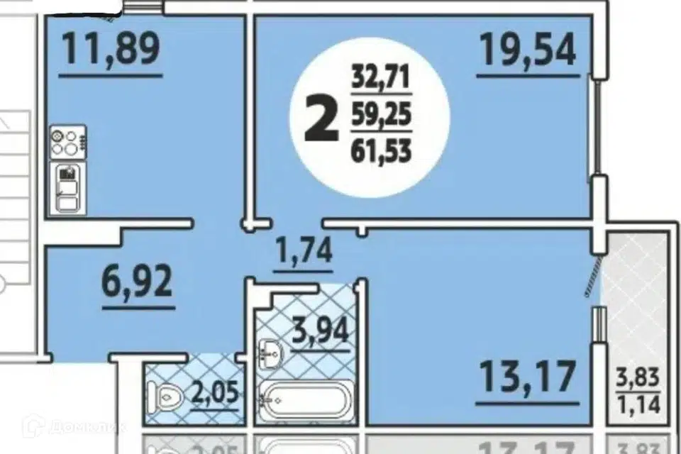 Продаётся 2-комнатная квартира, 61.53 м²