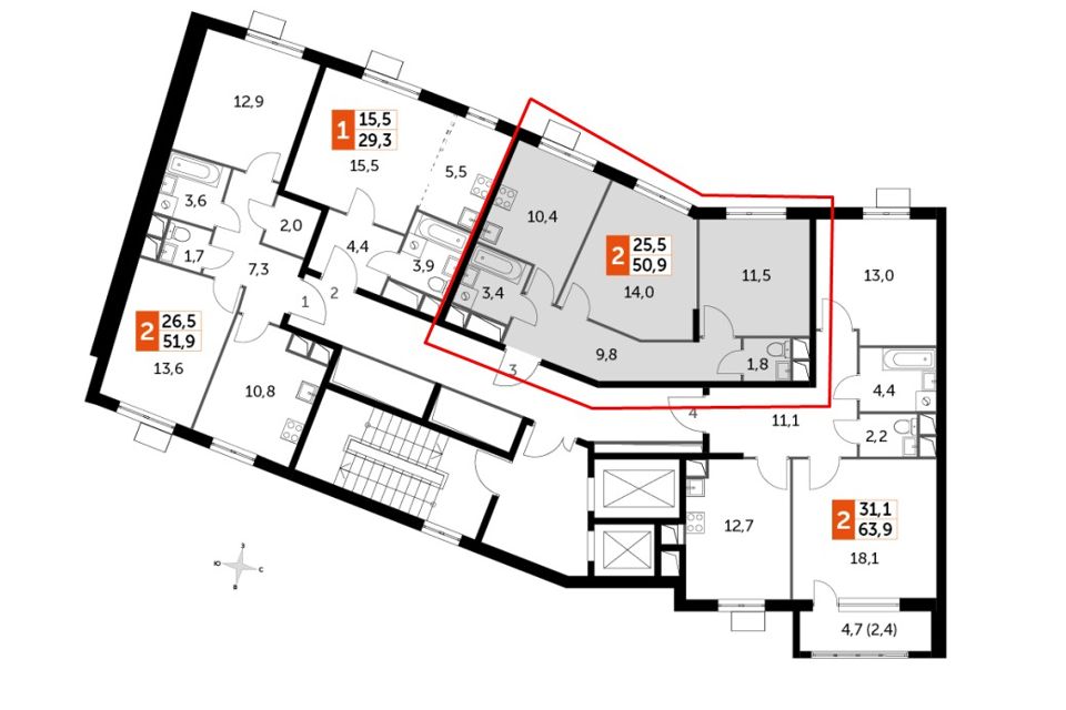 Продаётся 2-комнатная квартира, 50.9 м²