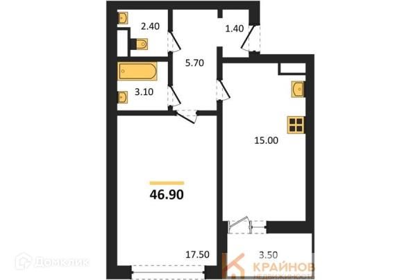 Продаётся 1-комнатная квартира, 46.9 м²