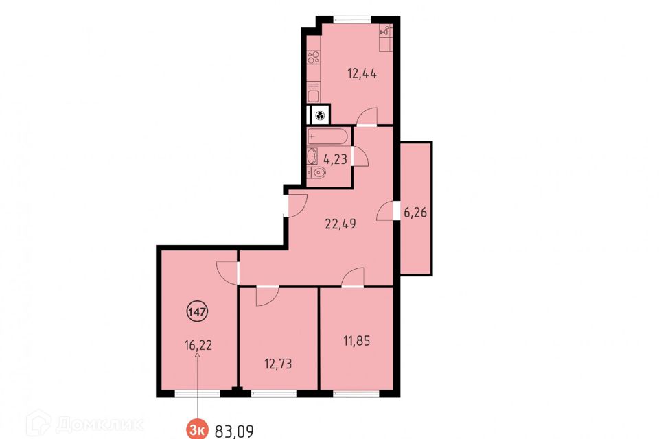 Продаётся 3-комнатная квартира, 83.09 м²