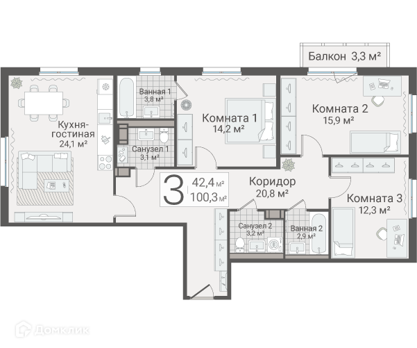 Продаётся 3-комнатная квартира, 100.3 м²