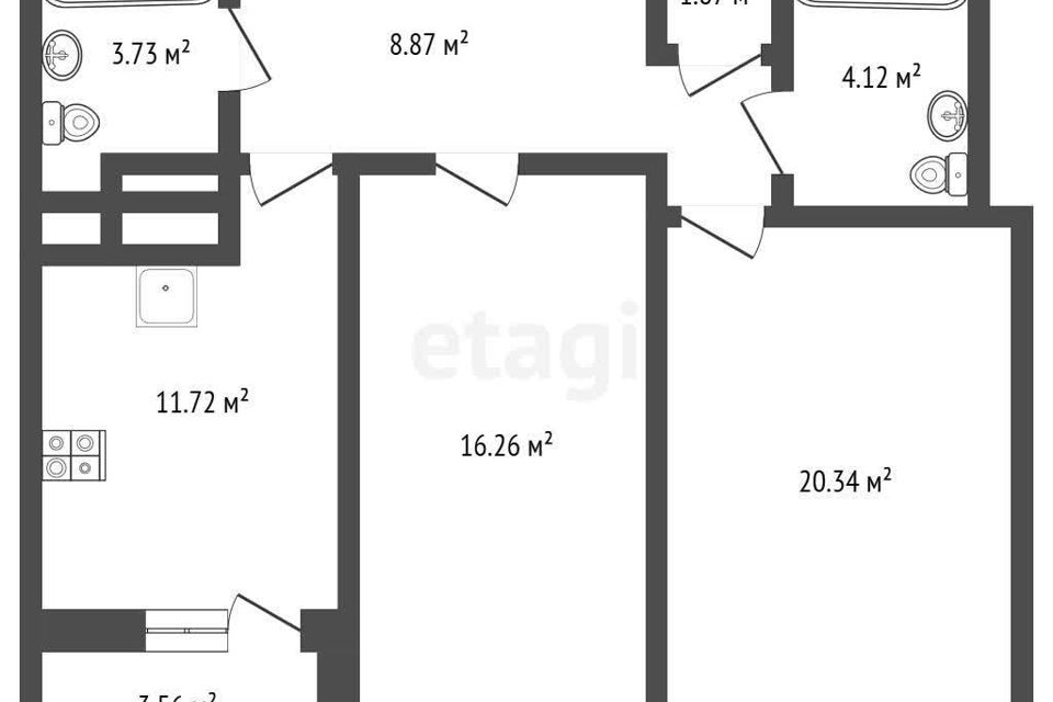 Продаётся 2-комнатная квартира, 70.27 м²