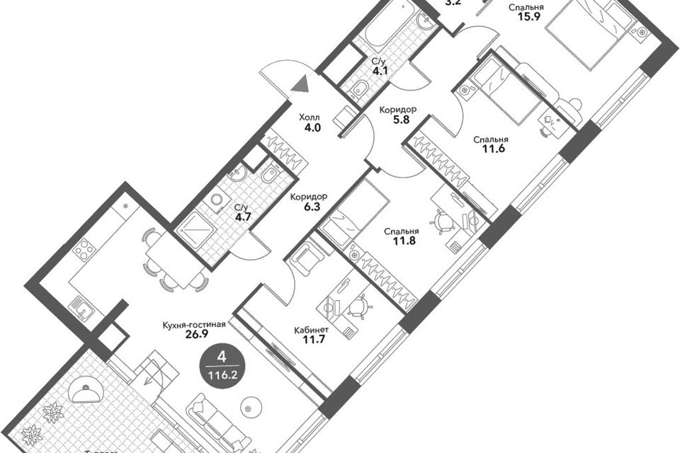 Продаётся 4-комнатная квартира, 116.2 м²