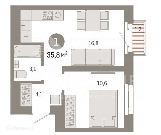 Продаётся 1-комнатная квартира, 35.8 м²