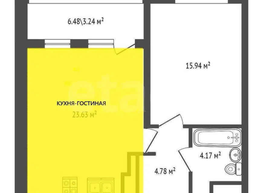 Продаётся 1-комнатная квартира, 48.52 м²