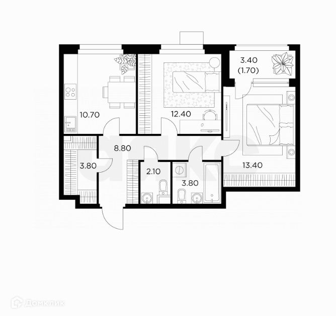 Продаётся 2-комнатная квартира, 56.7 м²