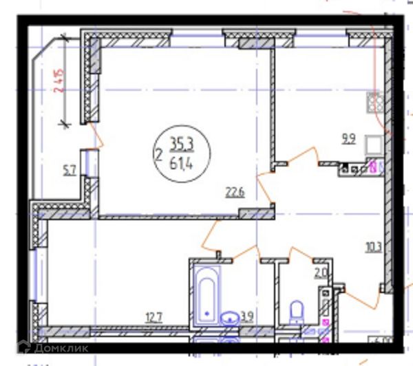 Продаётся 2-комнатная квартира, 61.4 м²