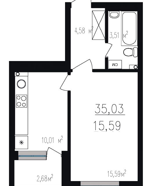 Продаётся 1-комнатная квартира, 35.05 м²